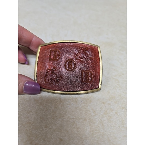 Other - Vintage Western Leather Belt Buckle "BOB" Bucking Bronco Bull Rider USA Made